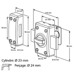 Abus Verrou à bouton avec cylindre ø23 mm / 60 mm