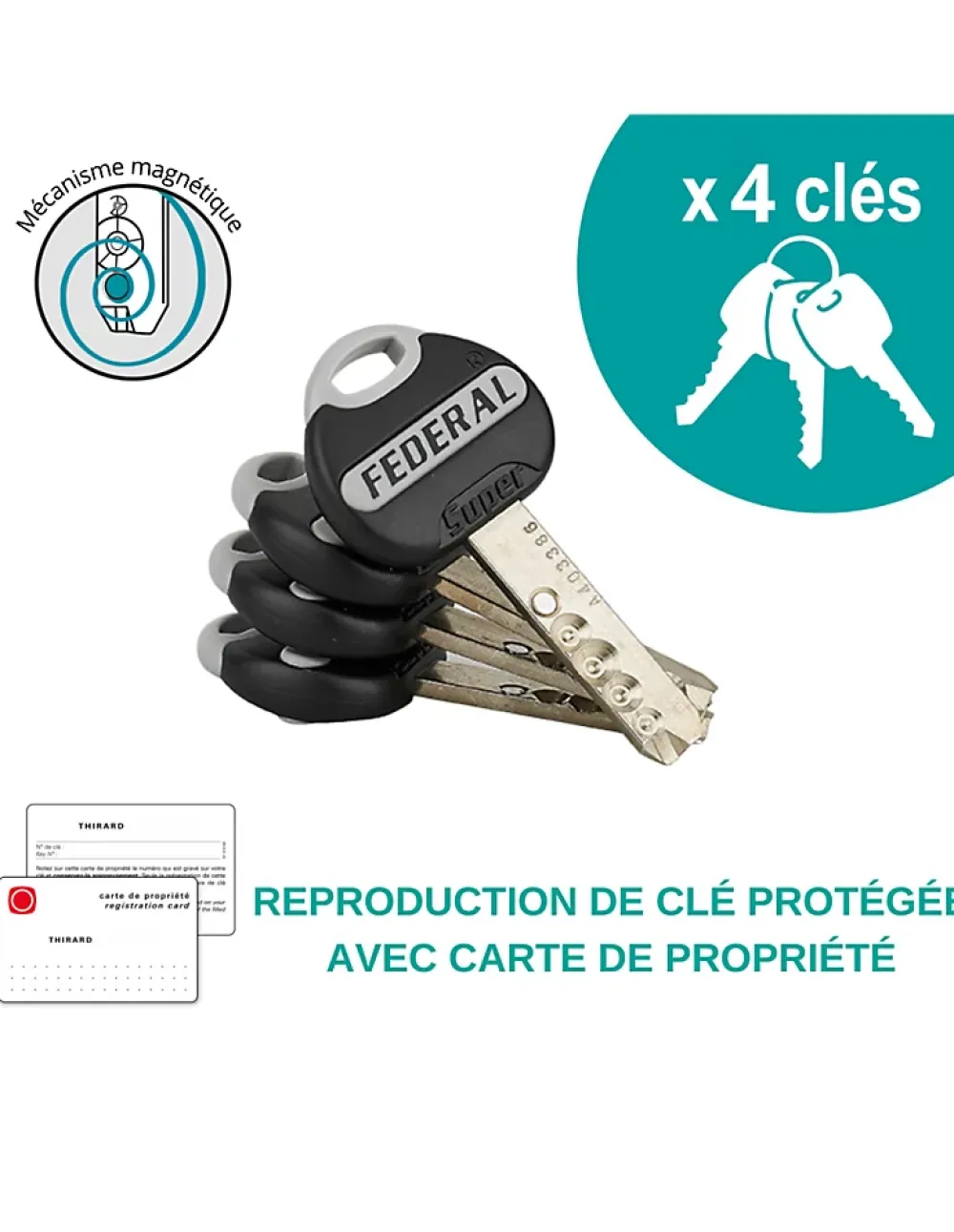 Thirard Verrou à bouton Federal pour porte d'entrée, cylindre 45mm, acier, 4 clés, époxy noir -