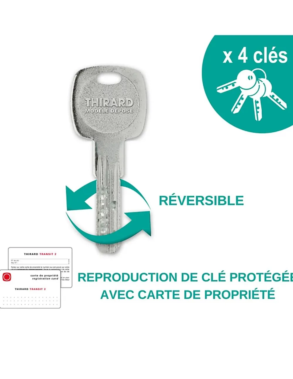 Thirard Verrou De Porte-Verrou à bouton Universel pour porte d'entrée, cylindre 45mm, acier, 4 clés, epoxy blanc -