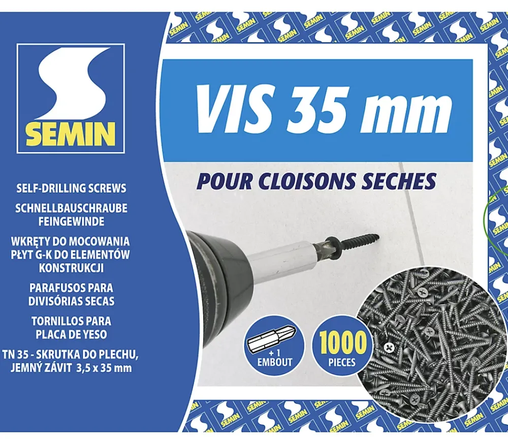 Semin Vis Pour Plaque De Plâtre-Vis Auto Perceuse 35 mm - Fixation des Plaques de Plâtre sur l'Ossature - Intérieur - Boîte de 1000 Pièces (Lot de 2000)