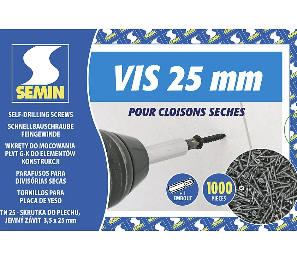 Semin Vis Auto Perceuse 25 mm - Fixation des Plaques de Plâtre sur l'Ossature - Intérieur - Boîte de 1000 Pièces