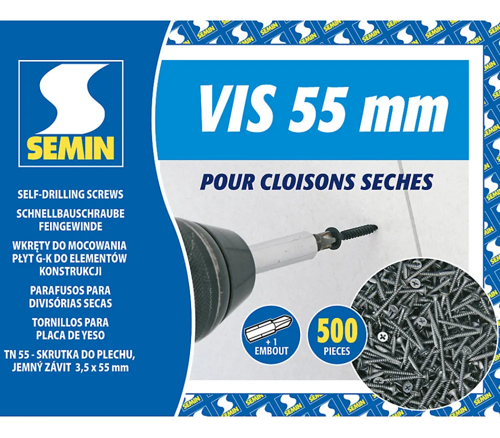 Semin Vis Auto Perceuse 55 mm - Fixation des Plaques de Plâtre sur l'Ossature - Intérieur - Boîte de 500 Pièces