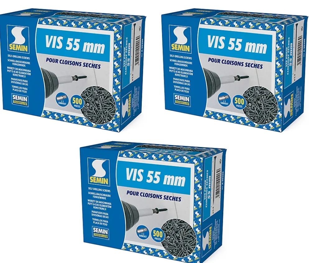 Semin Vis Auto Perceuse 55 mm - Fixation des Plaques de Plâtre sur l'Ossature - Intérieur - Boîte de 500 Pièces (Lot de 1500)