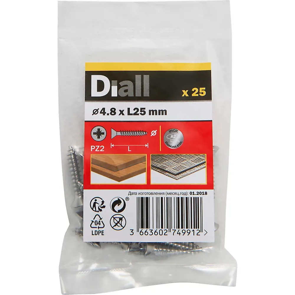 Diall Vis autoperceuses fraisées en acier inoxydable A2, 4,8x25 mm - 25 pièces