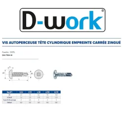 D-Work Vis Pour Métal-250 Vis Autoperceuses Tête Cylindrique Carrée 4.8 x 50 mm - DIN 7504 M - Zingué blanc -