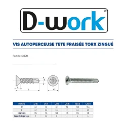 D-Work Vis Pour Métal-500 Vis Autoperceuses Tête Fraisée Torx 4.2 x 12.7 mm - Zingué blanc -