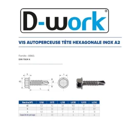 D-Work 100 Vis Autoperceuses Tête Hexagonale 6.3 x 19 mm - DIN 7504 K - Inox A2 -