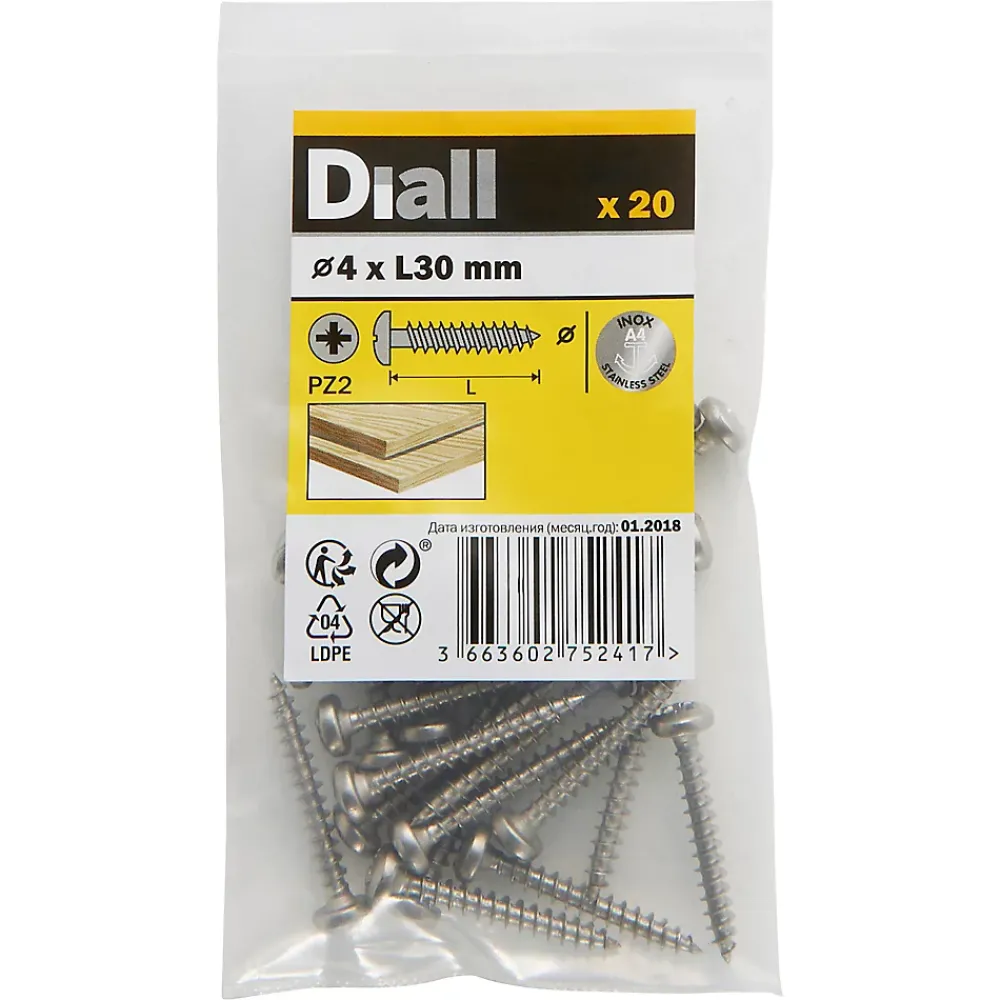 Diall Vis à bois cylindrique en acier inoxydable A4 pozidriv 4x30 mm - 20 pièces