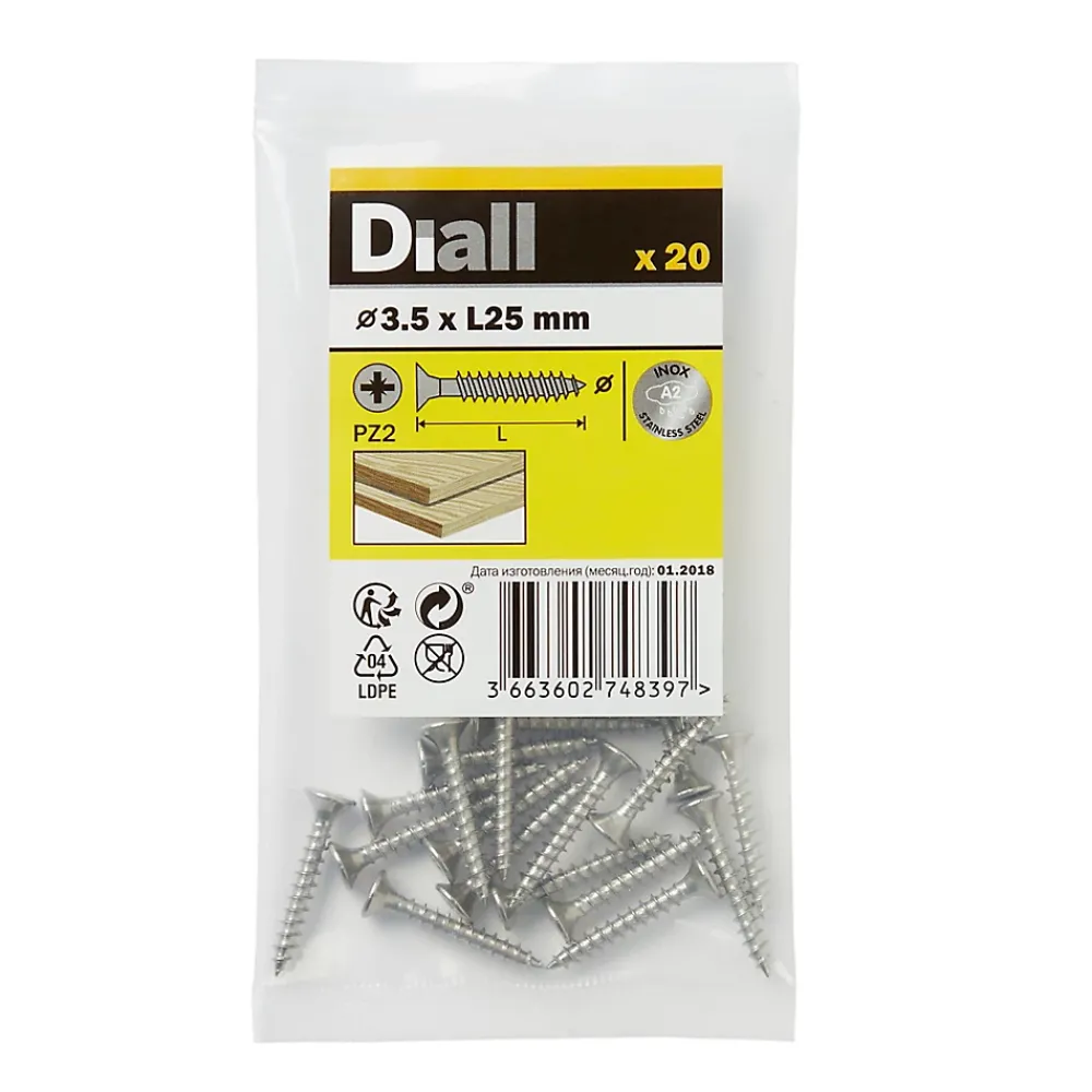 Diall Vis À Bois-Vis à bois en acier inoxydable A2 pozidriv 3.5x25 mm - 20 pièces