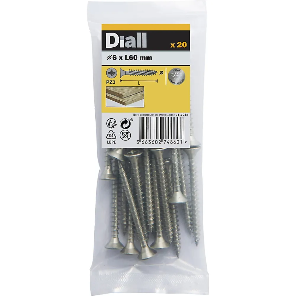 Diall Vis À Bois-Vis à bois en acier inoxydable A2 pozidriv 6x60 mm - 20 pièces