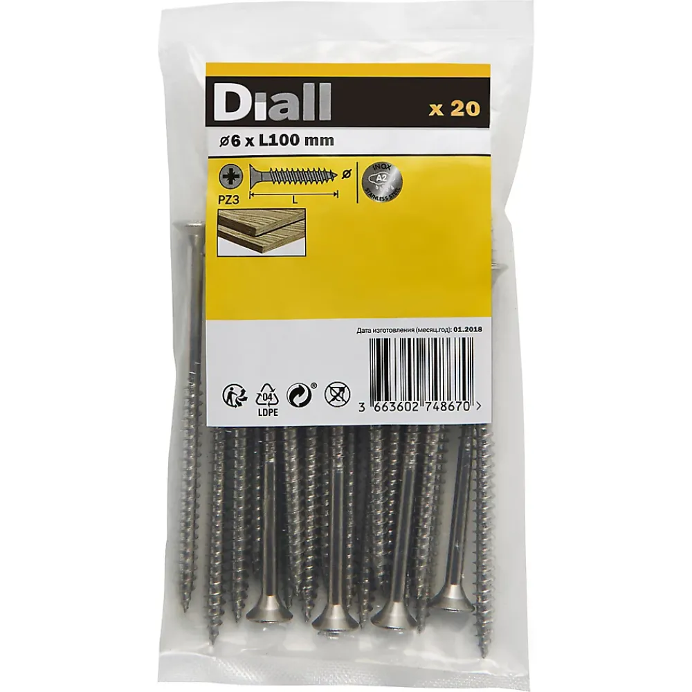 Diall Vis À Bois-Vis à bois en acier inoxydable A2 pozidriv 6x100 mm - 20 pièces