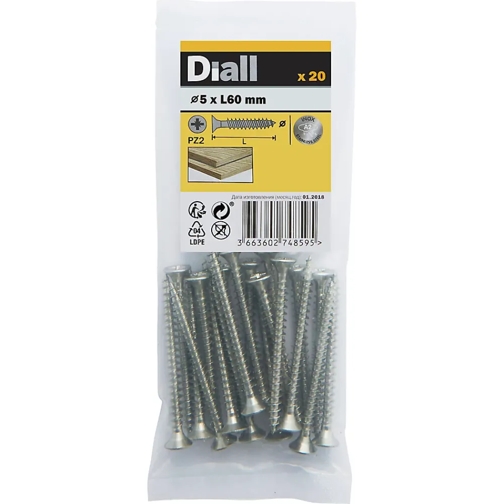 Diall Vis À Bois-Vis à bois en acier inoxydable A2 pozidriv 5x60 mm - 20 pièces