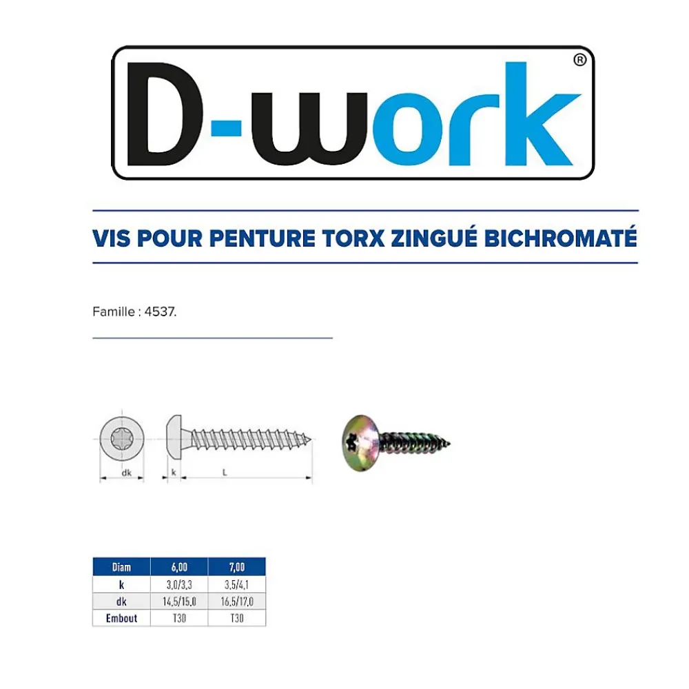 D-Work 200 Vis Bois pour Penture Torx 6 x 50 mm - Zingué Bichro -