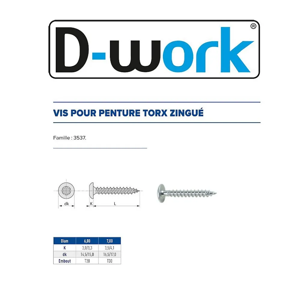 D-Work Vis Pour Terrasse-200 Vis Bois pour Penture Torx 6 x 50 mm - Zingué blanc -