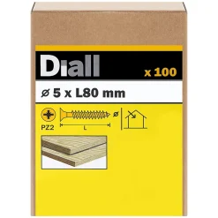 Diall Vis à bois pozidriv tête fraisée zinguée jaune 5x80 mm - 100 pièces