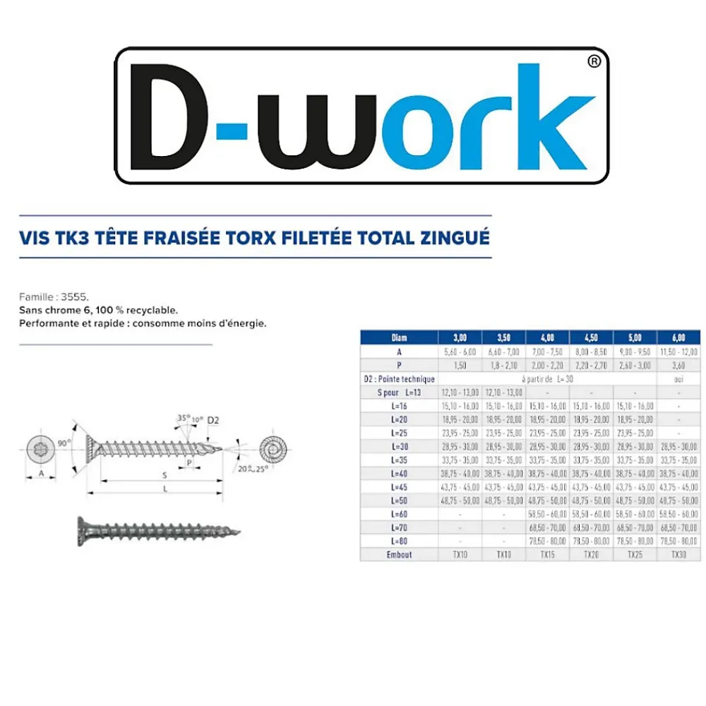 D-Work Vis Pour Terrasse-250 Vis Bois TK3 Tête Fraisée Crantée Torx F/Total 6 x 50 mm - Zingué blanc -
