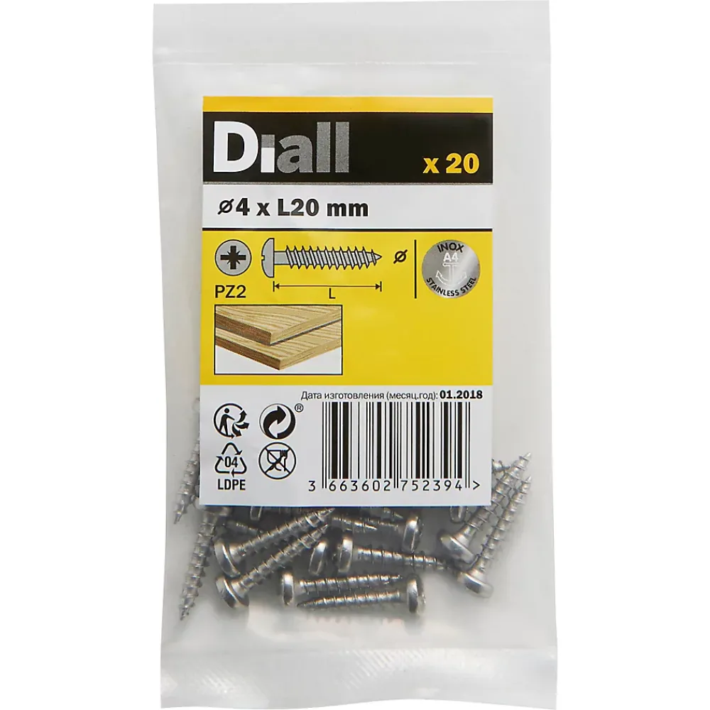 Diall Vis à bois à tête cylindrique en acier inoxydable A4 pozidriv 4X20 mm - 20 pièces