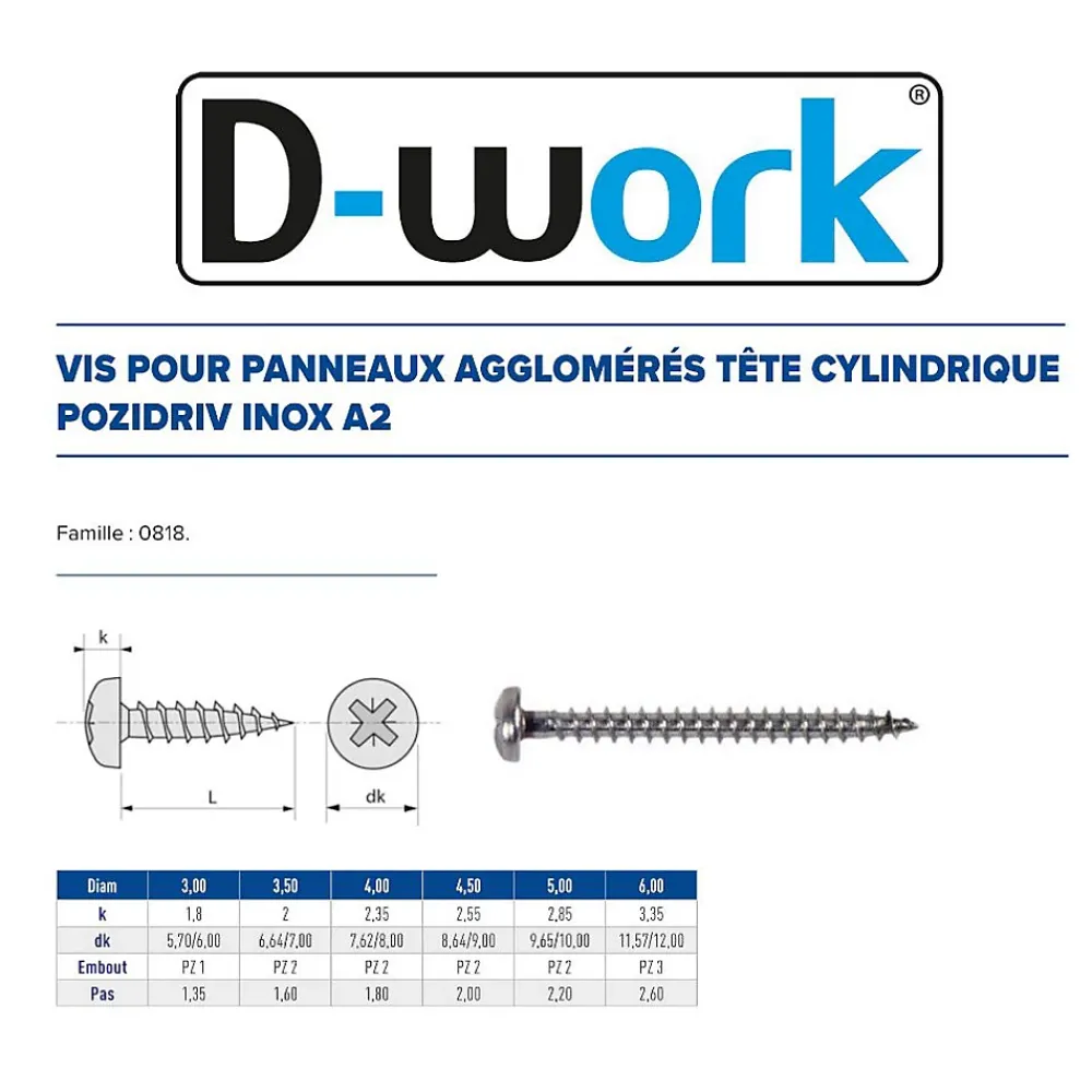 D-Work Vis Pour Terrasse-200 Vis Bois Tête Cylindrique Pozidriv 4 x 40 mm - Inox A2 -