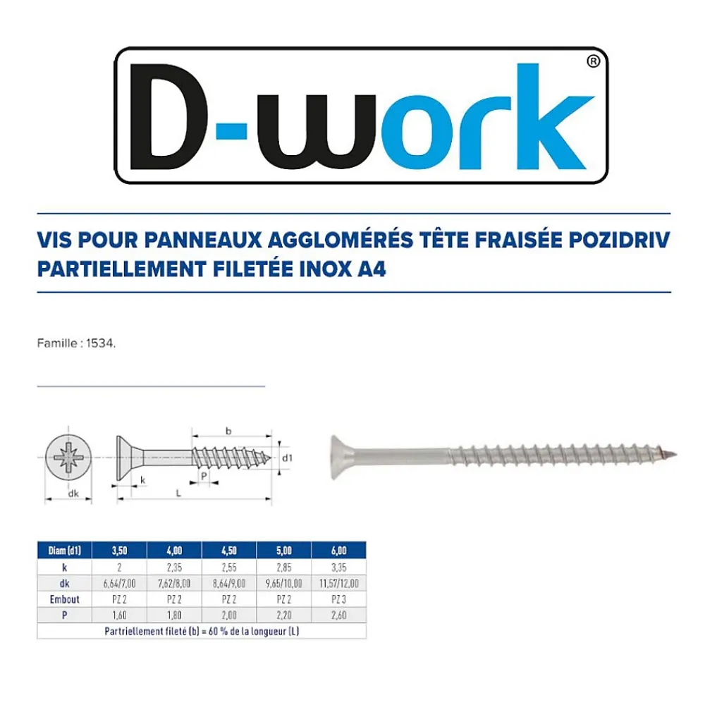 D-Work Vis Pour Terrasse-200 Vis Bois Tête Fraisée Pozidriv F/Partiel 3.5 x 35 mm - Inox A4 -