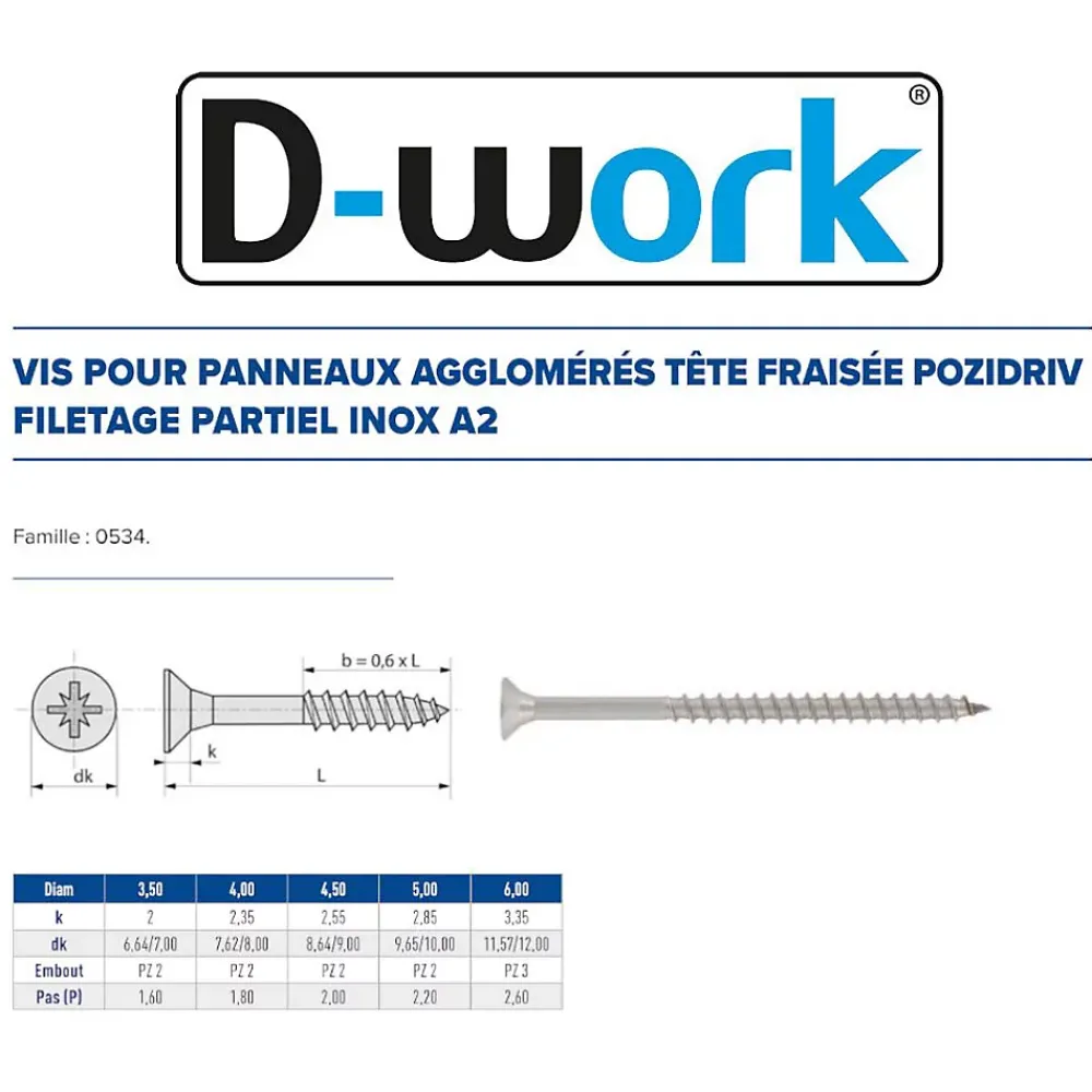 D-Work Vis Pour Terrasse-200 Vis Bois Tête Fraisée Pozidriv F/Partiel 4 x 35 mm - Inox A2 -