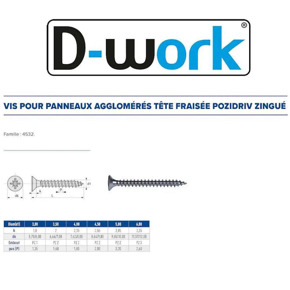 D-Work 250 Vis Bois Tête Fraisée Pozidriv 4.5 x 80 mm - Zingué blanc -