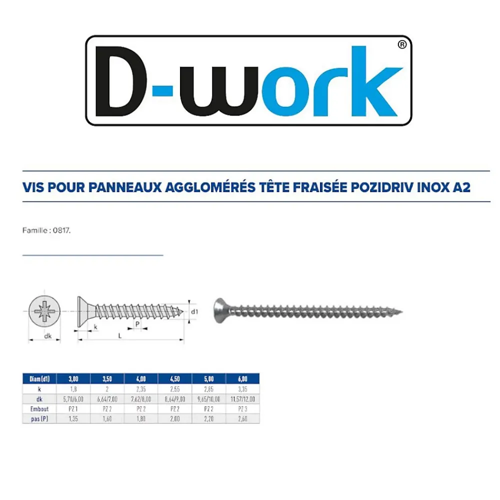 D-Work 200 Vis Bois Tête Fraisée Pozidriv 5 x 30 mm - Inox A2 -