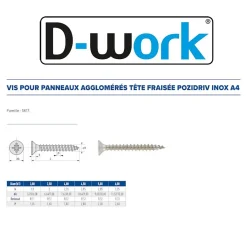 D-Work 200 Vis Bois Tête Fraisée Pozidriv 5 x 70 mm - Inox A4 -