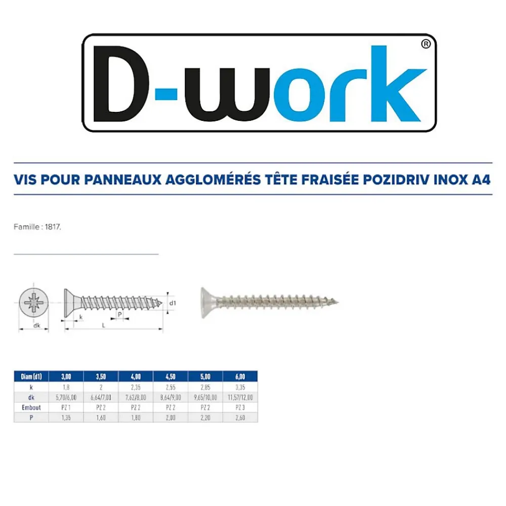 D-Work 200 Vis Bois Tête Fraisée Pozidriv 5 x 70 mm - Inox A4 -