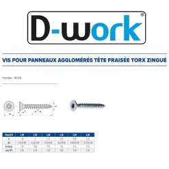 D-Work 500 Vis Bois Tête Fraisée Torx T20 F/Partiel 4.5 x 45 mm - Zingué blanc -