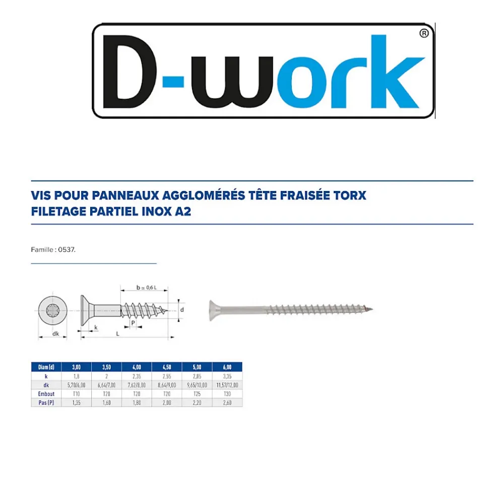 D-Work 100 Vis Bois Tête Fraisée Torx T30 F/Partiel 6 x 80 mm - Inox A2 -