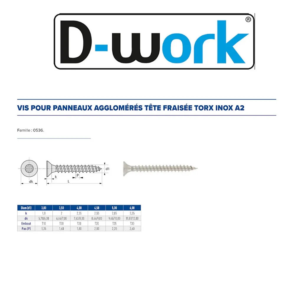 D-Work 200 Vis Bois Tête Fraisée Torx T25 5 x 50 mm - Inox A2 -
