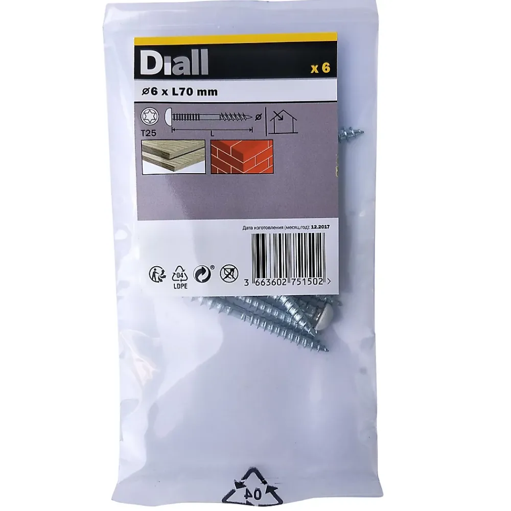 Diall Vis Pour Pvc-Vis de châssis PVC zinguée avec tête peinte en blanc, 6x70 mm - 6 pièces