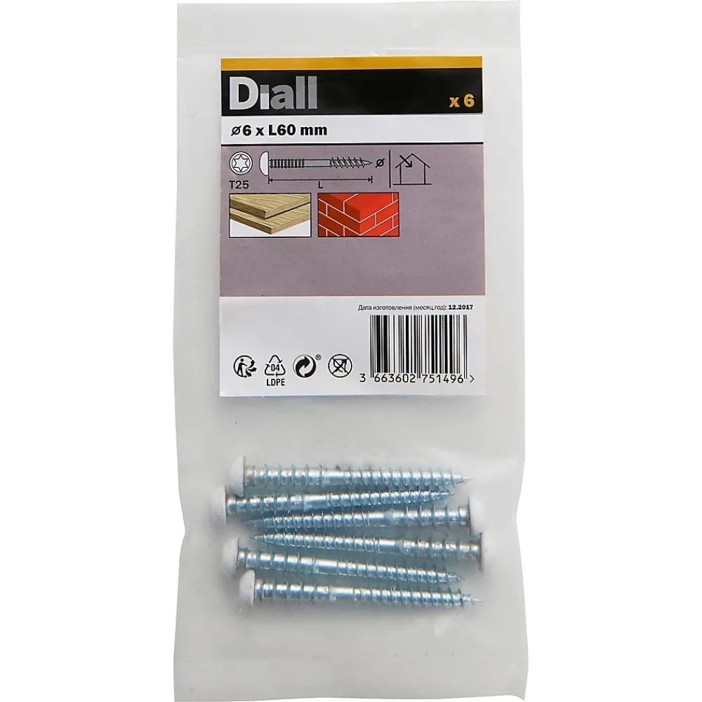 Diall Vis de châssis PVC zinguée avec tête peinte en blanc, 6x60 mm - 6 pièces