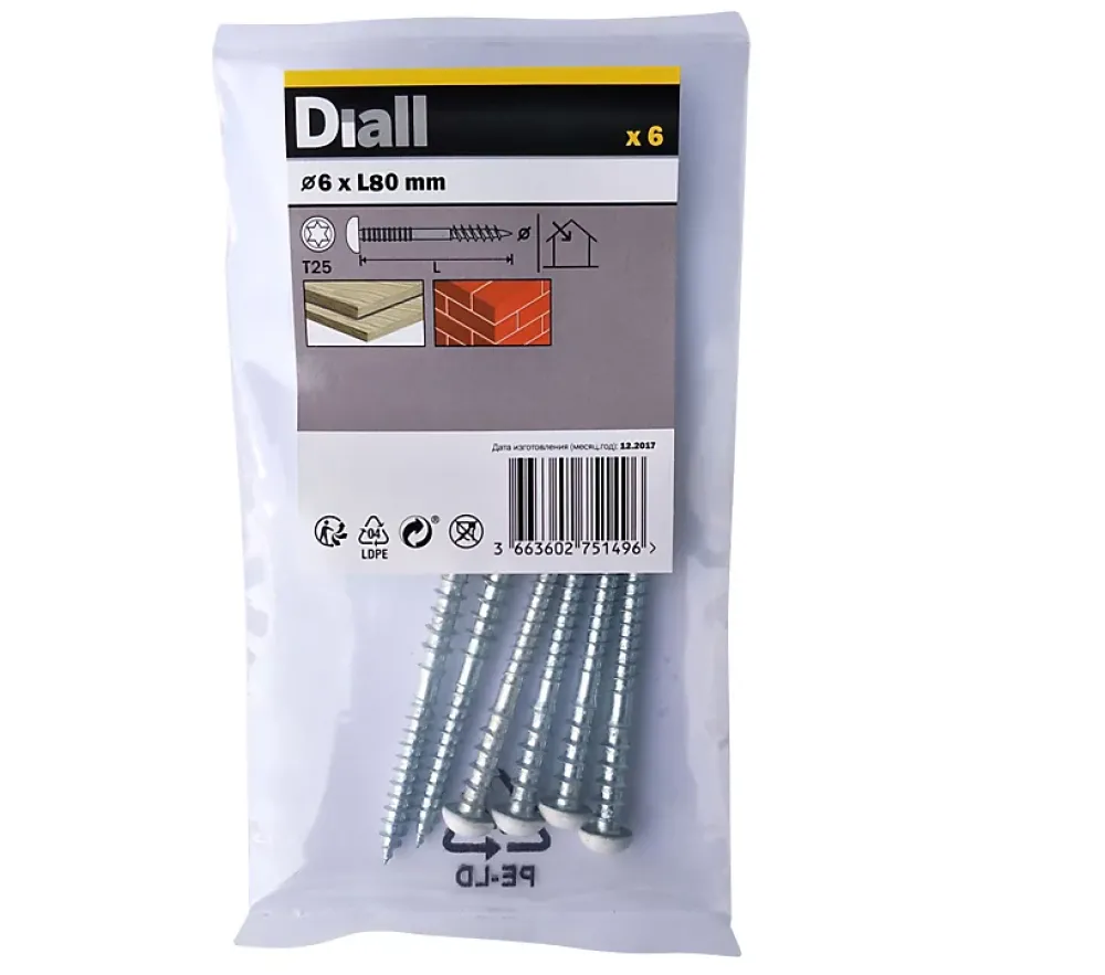 Diall Vis de châssis PVC zinguée avec tête peinte en blanc, 6x80 mm - 6 pièces