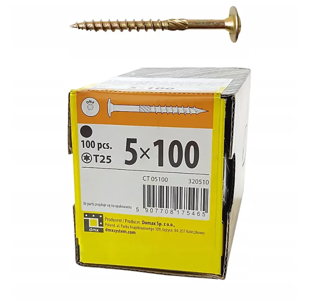 Domax Vis de construction en bois à tête disque, zinguée jaune, 5 x 100 mm 100 pcs