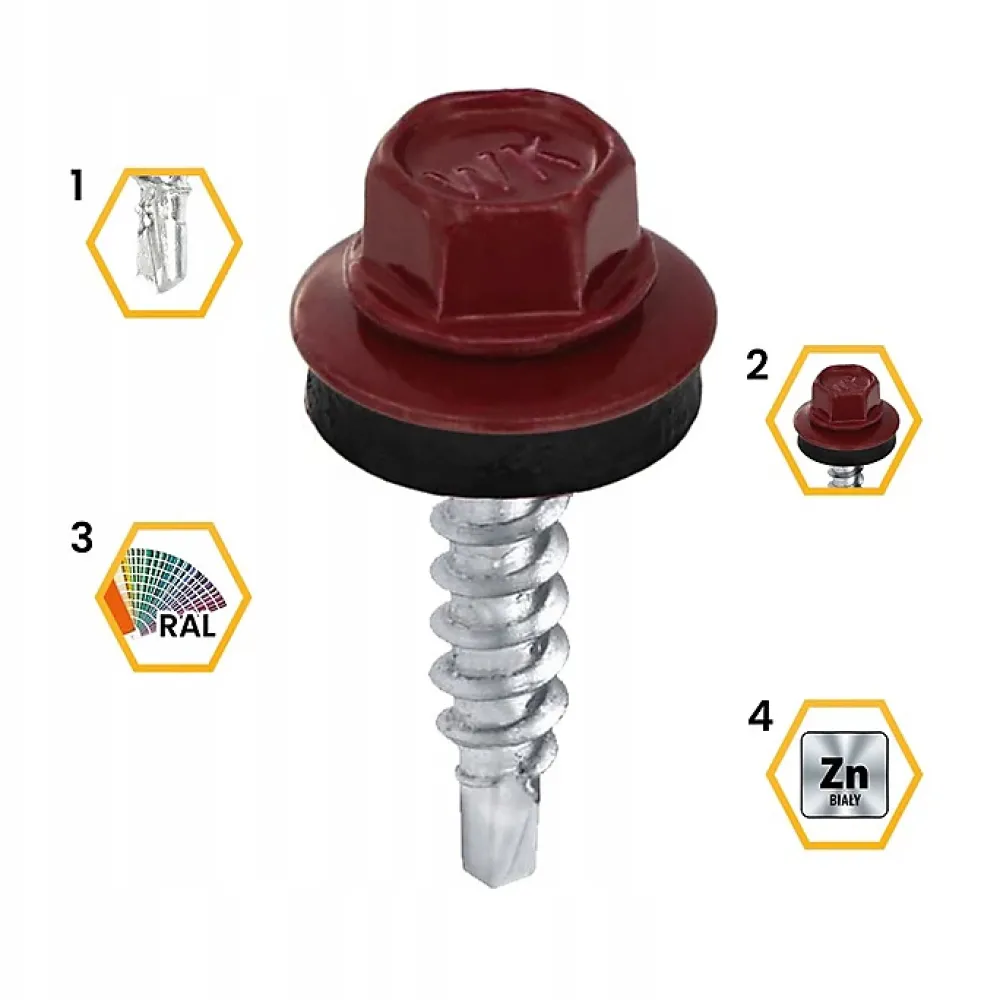 Klimas Vis Pour Métal-Vis de toiture WFD pour tôle trapézoïdale sur bois RAL 3005 Rouge vin 4,8x25 mm 250 pièces