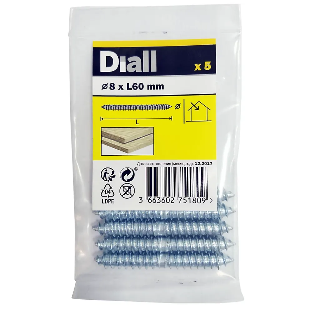 Diall Vis À Double Filetage-Vis à double filetage (bois/bois) 8x60 zingués mm - 5 pièces