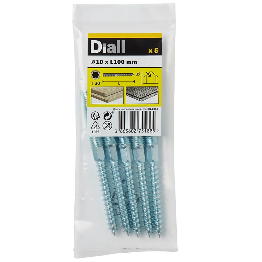 Diall Vis À Double Filetage-Vis à double filetage (métal/bois) 10x100 zingués mm - 5 pièces