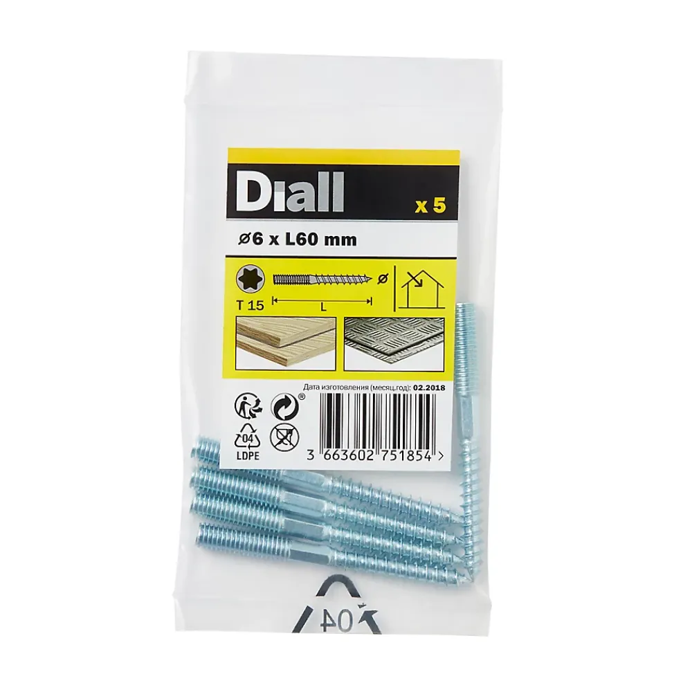 Diall Vis à double filetage (métal/bois) 6x60 zingués mm - 5 pièces