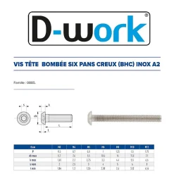 D-Work 200 Vis Métaux Tête Bombée 6 Pans Creux BHC 6 x 30 mm - 7380-1 - Inox A2 -