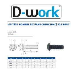D-Work Vis Pour Métal-200 Vis Métaux Tête Bombée 6 Pans Creux F/Total BHC 6 x 10 mm - 7380-1 - 10.9 - Brut -