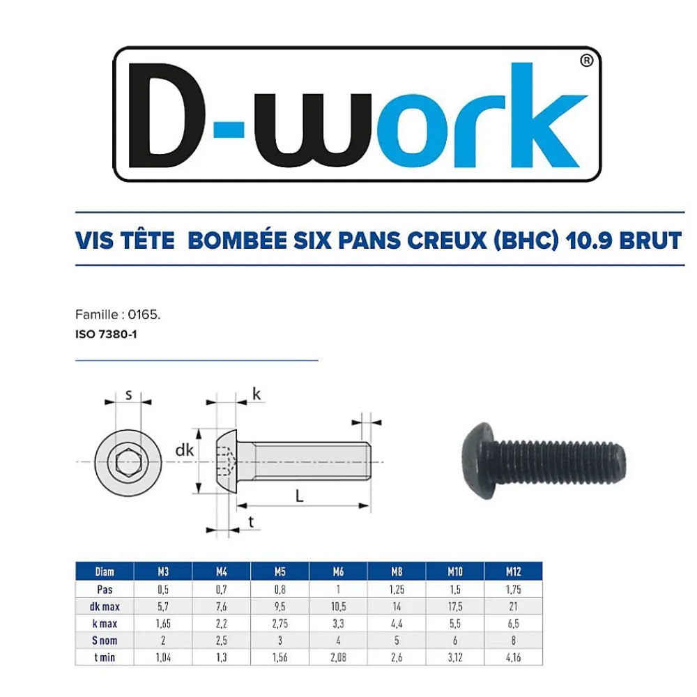 D-Work Vis Pour Métal-200 Vis Métaux Tête Bombée 6 Pans Creux F/Total BHC 6 x 10 mm - 7380-1 - 10.9 - Brut -