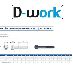 D-Work 10 Vis Métaux Tête Cylindrique 6 Pans Creux CHC F/Partiel 20 x 220 mm - DIN 912 - 12.9 - Brut -