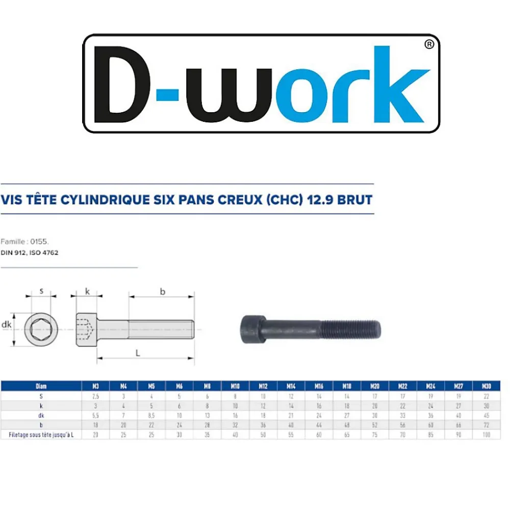 D-Work 10 Vis Métaux Tête Cylindrique 6 Pans Creux CHC F/Partiel 20 x 220 mm - DIN 912 - 12.9 - Brut -