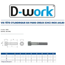 D-Work Vis Pour Métal-200 Vis Métaux Tête Cylindrique 6 Pans Creux CHC 4 x 10 mm - DIN 912 - Inox A4L80 -