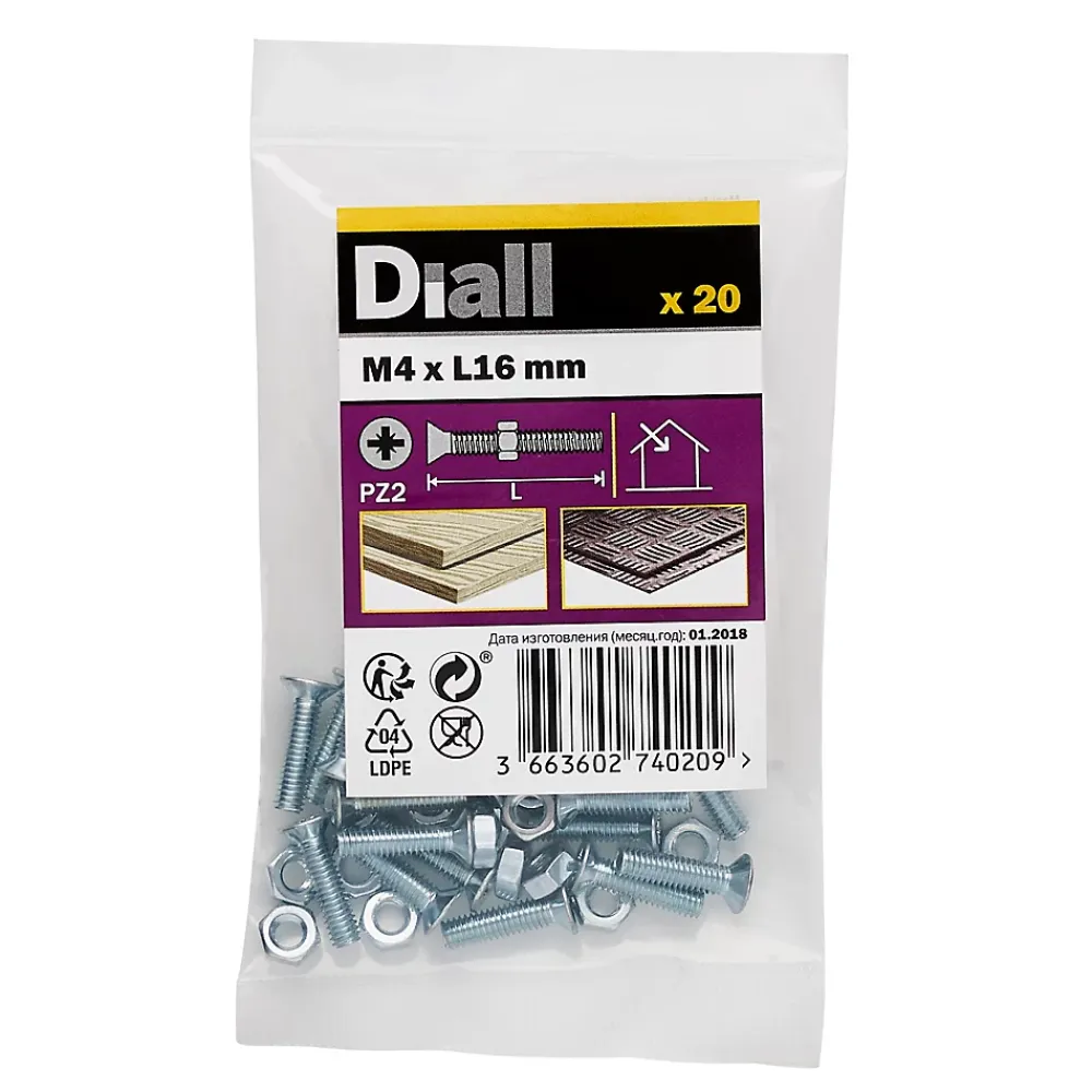 Diall 20 vis métaux tête fraisée acier zingué 4 x 16 mm