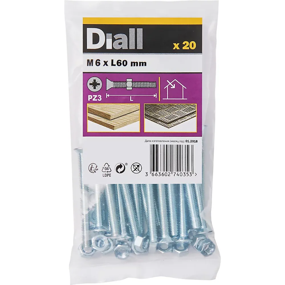 Diall Vis Pour Métal-20 vis métaux tête fraisée acier zingué 6 x 60 mm