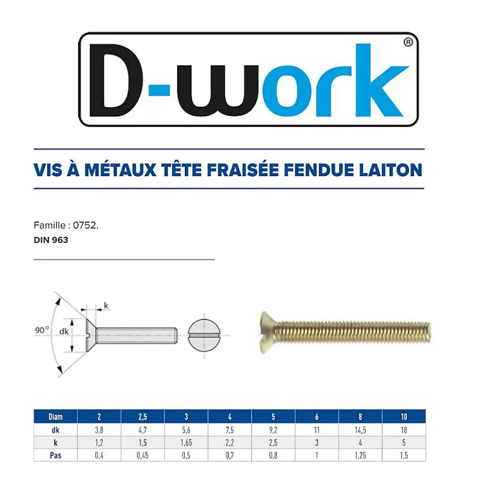 D-Work 200 Vis Métaux Tête Fraisée Fendue 4 x 50 mm - DIN 963 - Laiton -