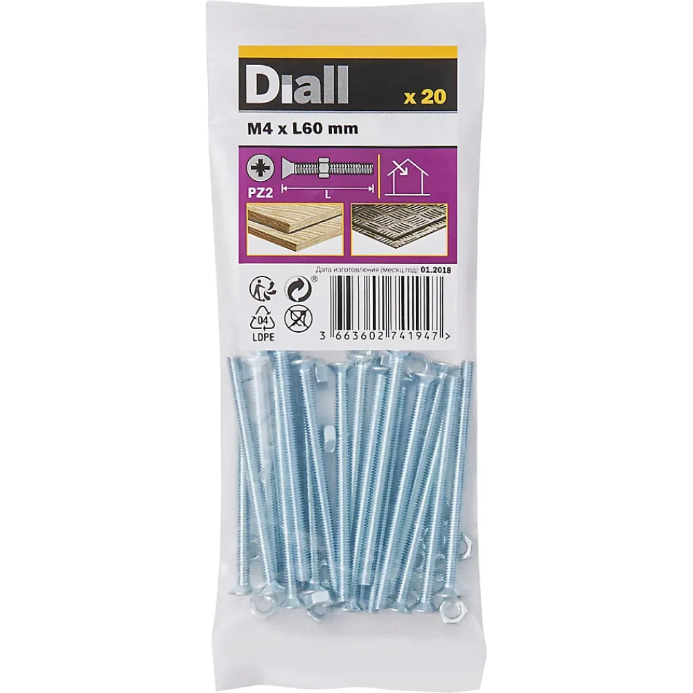 Diall Vis Pour Métal-20 vis à métaux tête fraisée zingué 4 x 60 mm