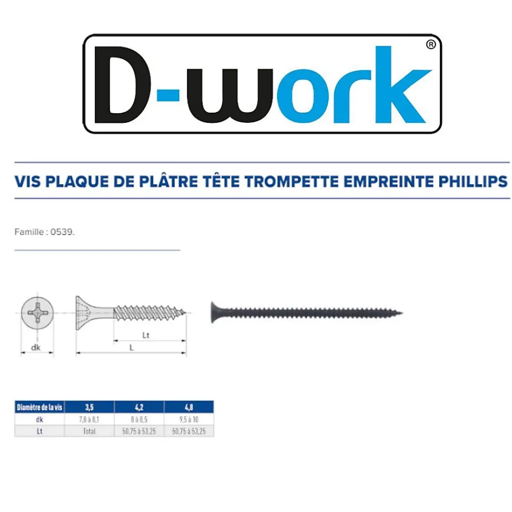 D-Work Vis Pour Plaque De Plâtre-1000 Vis Plaque de Plâtre Trompette Phillips D. 3.5 x 45 mm - Phosphaté noir -